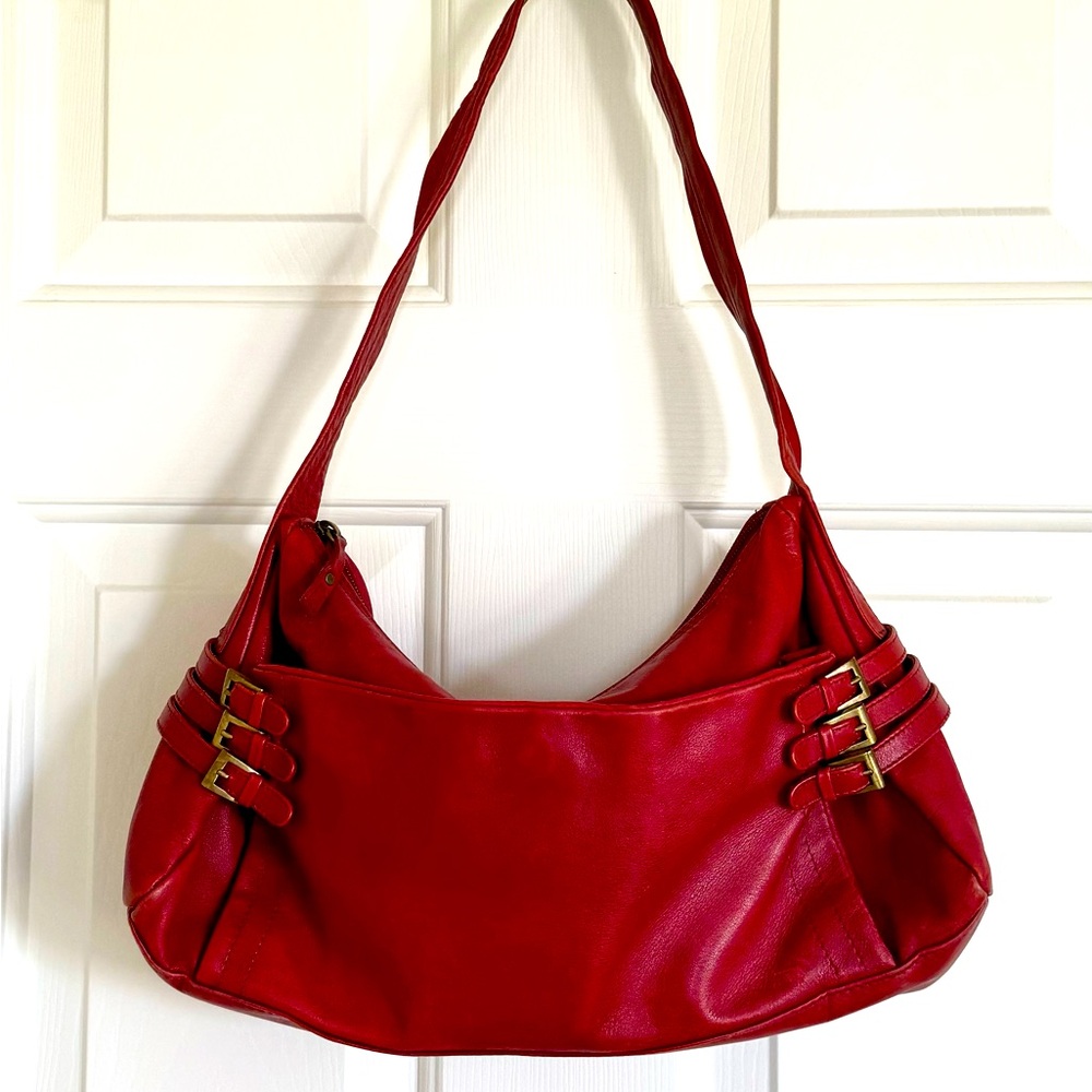 Red and Gold Crescent Shoulder Bag with Buckle Details